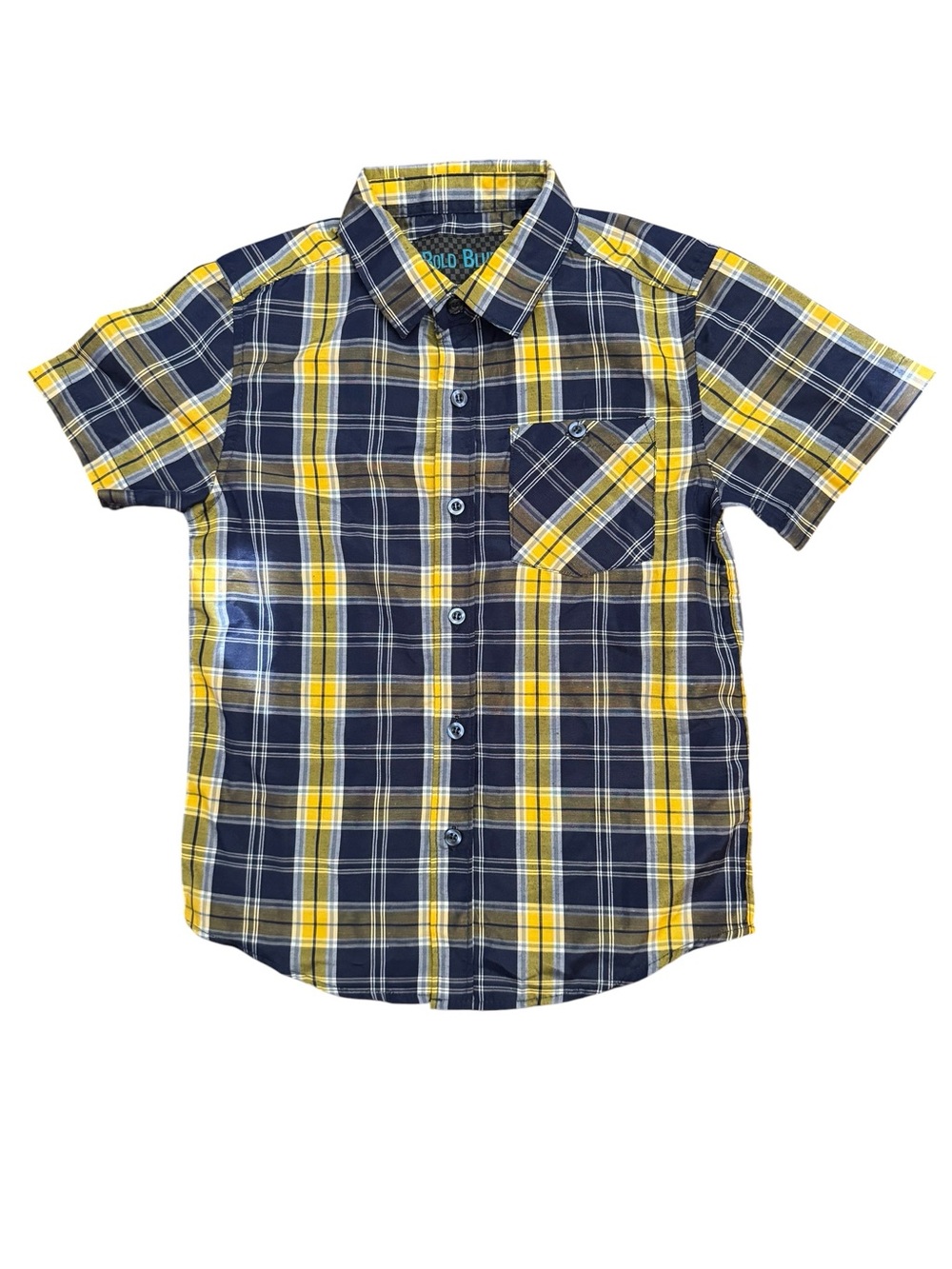 Bold Blue Boys Plaid Button-Up Shirt Size 6 Navy Yellow Short Sleeve NWT